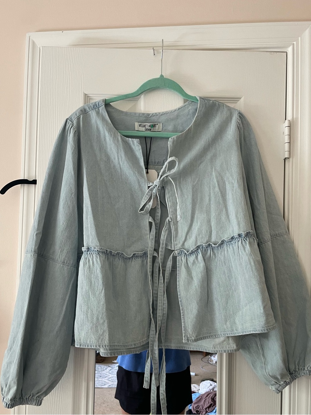 Velvet Heart Pale Blue Tie-Front Peplum Denim Jacket Hemp & Cotton